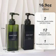 Black Soap Dispenser With Waterproof Labels, Thickened Plastic Hand Soap Dispenser Bathroom, Kitchen Dish Washing Bottles, Shampoo And Conditioner Bottles With Funnel 16oz 2Pack Black