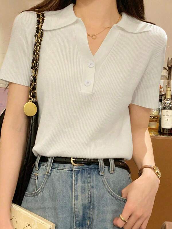 Women's Solid Color Short Sleeve Button Half Placket Casual Loose Knit Top