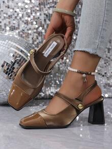 2025 春夏新款复古方头法式高跟凉鞋，时尚包头高跟鞋，性感优雅玛丽珍鞋，粗跟露背漆皮休闲/正式高跟鞋 - 淺棕 - 查看 3