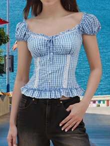 Women T-Shirt, Short Sleeve Lace Patchwork Summer Plaid Tops Streetwear For Casual Daily - Màu xanh lam - Xem 3