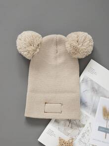 1/2/3件双绒球婴儿针织帽纯色羊毛钩针帽毛绒球儿童套头帽冬季保暖儿童无檐帽 - 彩色 - 查看 9