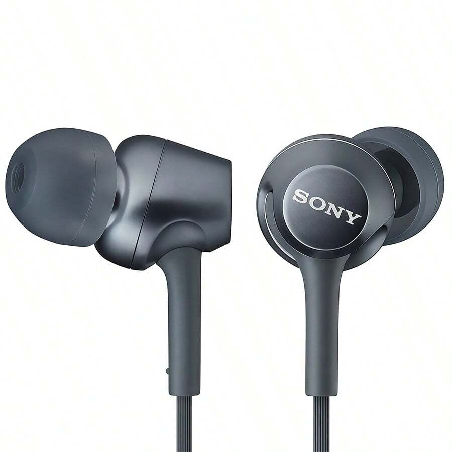 Sony MDR-EX255AP In-Ear Headphones, Tilted In-Ear Design, -Resistant Flat Cable, In-Line Microphone For Clear Calls, And No-Drop Design For Exercise And Commuting. Black - Black - View 1