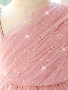 Young Girls' Faux Pearl Shoulder Sequin Mesh Bow Back Elegant Dress, Suitable For Flower Girl, Birthday Party, No Headband Included