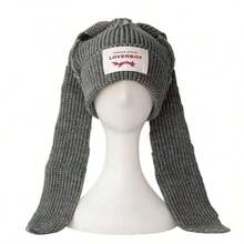1PC Winter Knitted Hats Women Cute Rabbit Ear Soft Warm Thick Acrylic Luxury Coupleboy Label Beanies Skullies Personalized Casual Party Couples Hats - Patch Tai Dài - Xem 4