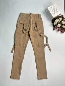 Quần denim cargo bó sát màu trơn phong cách Y2K dành cho nữ, mùa thu - Màu be - Xem 7