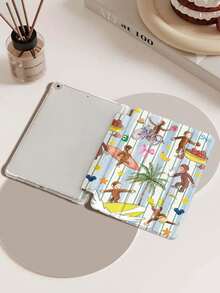 Blue And White Stripes And A Monkey IPad Case Compatible With IPad Air 4/5 10.9 Inch, IPad 7/8/9th 10.2 Inch, Built-In Pencil Slot Compatible With Samsung Tab S6 10.4 Inch, Tab A7 Lite 8.7 Inch, Ins Style Leather Case, Back To School, Valentine's Day, New Year Gift