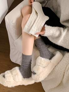 1/3 双女士羊毛混纺纯色麻花针织中筒袜，温暖时尚，适合秋冬日常穿着 - 彩色 - 查看 8