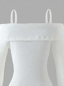 Girls' Sweet Lady Fitted Corduroy Off-Shoulder Slip Dress, Flare Sleeve Design, Cute Bow Detail, Suitable For Party, Outing And Daily Wear - White - View 9