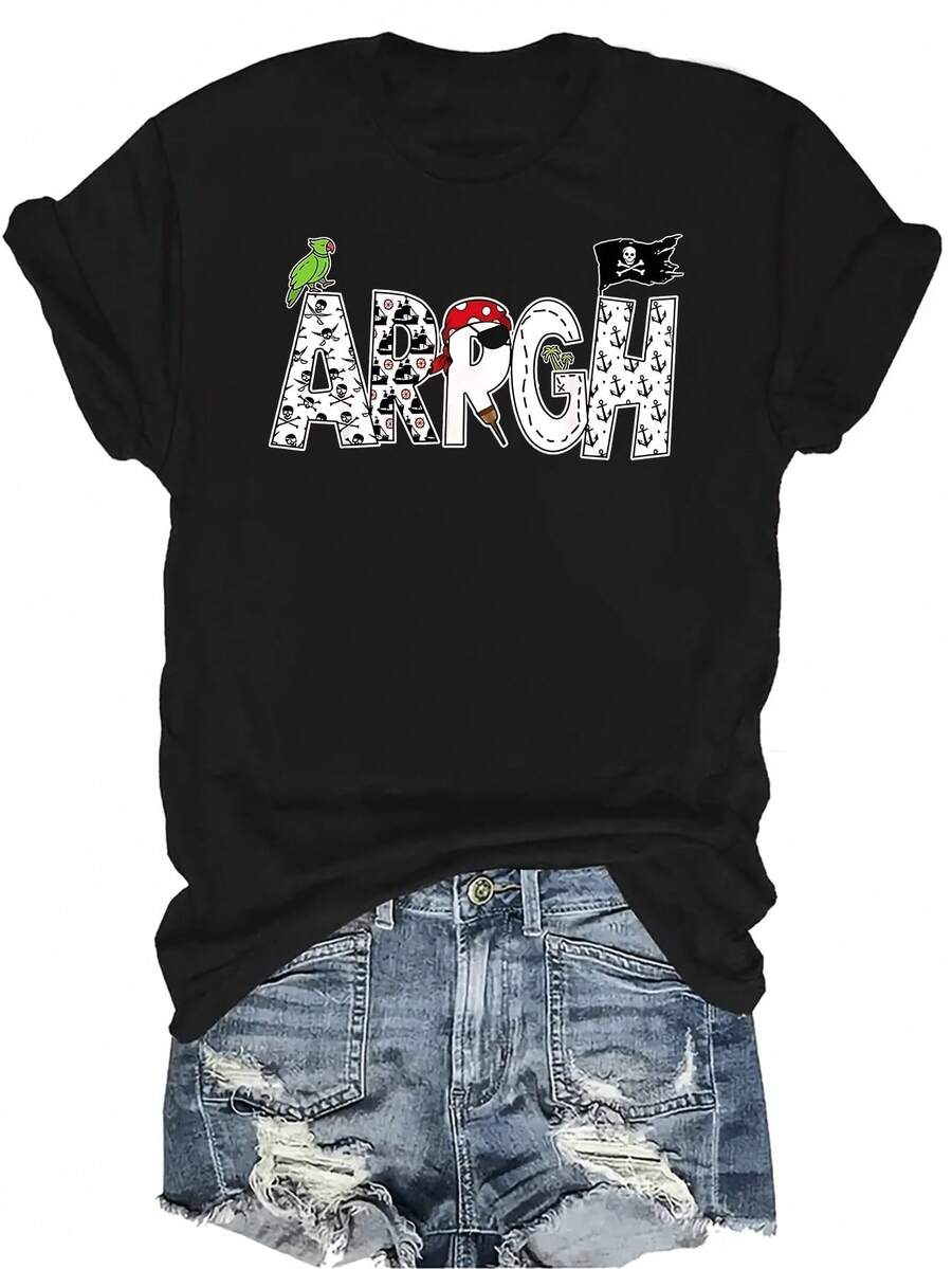 Divertido estilo pirata ARRGH Disfraz de pirata ARGH Camiseta de pirata para mujer Unisex Verano Casual Transpirable Personalidad Cuello redondo Manga corta Camiseta Ropa de calle Versátil, Adecuado para adolescentes y adultos - Negro - Ver 1