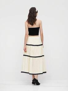 2026 Fall/Winter French Vintage MOOD WOOD High-Waisted Loose Mid-Length Polka Dot Skirt Lace Trim Patchwork Elastic Waist A-Line Skirt Commute & Date Chiffon Long Skirt - 黑色 - 查看 2