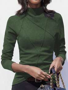 Plus Size Thermal Lined Turtleneck Pullover For Women, Autumn/Winter 2025 New Arrival, Thermal Fabric Patchwork Fishbone Design Base Layer Top - Army Green - View 4