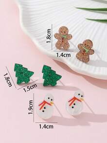 3 对/套亚克力闪亮姜饼人、圣诞树、雪人设计时尚珠宝耳环套装，适合女士，是节日派对的完美礼物 - 彩色 - 查看 4