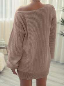 Off-Shoulder Solid Color Casual Loose Knit Sweater Dress - Dusty Pink - View 2