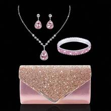 女士水钻晚宴手拿包，配有闪亮水钻首饰三件套，闪耀夺目，完美适用于派对、婚礼、舞会、晚宴/宴会、婚纱、正式场合、舞会礼服、生日礼服等。 - 粉色 - 查看 12