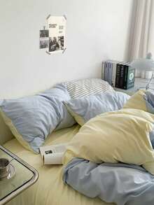 3件套100%纯棉双色床上用品套件 浅蓝+浅黄 北欧极简INS风 2个枕套+1个被套（不含床单） - 彩色 - 查看 4