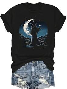 Camiseta con diseño de mago oscuro y luna, unisex, de verano, casual, transpirable, de personalidad, cuello redondo, manga corta, ropa de calle, versátil, adecuada para adolescentes y adultos - Negro - Ver 1