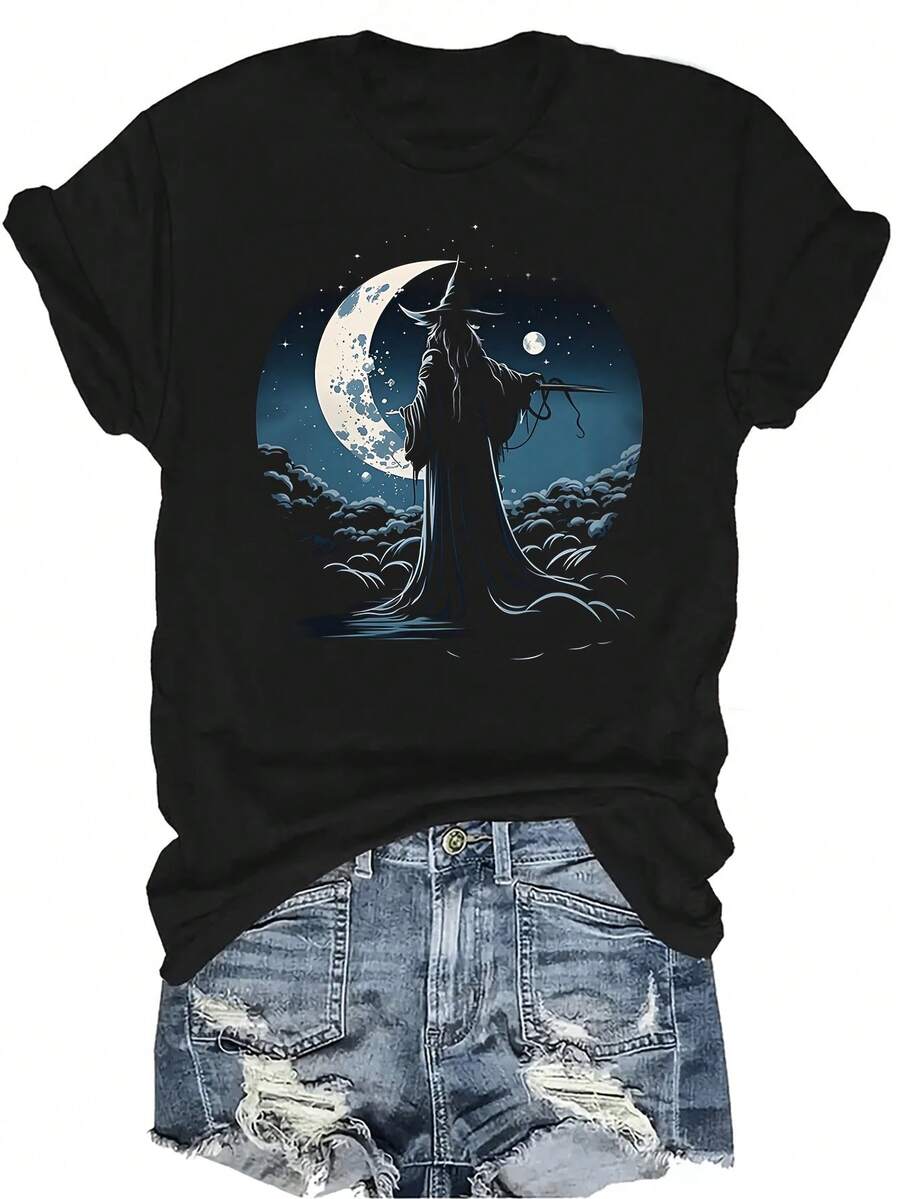 Camiseta con diseño de mago oscuro y luna, unisex, de verano, casual, transpirable, de personalidad, cuello redondo, manga corta, ropa de calle, versátil, adecuada para adolescentes y adultos - Negro - Ver 1