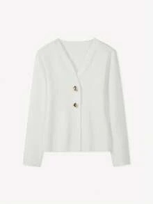 FOR BEAUTY V-Neck White Fashionable Business Elegant Commuter Knit Sweater, Women New Solid Color Minimalist Long Sleeve Waist Fitted Cardigan, Casual Everyday Wear, New Year - White - View 4
