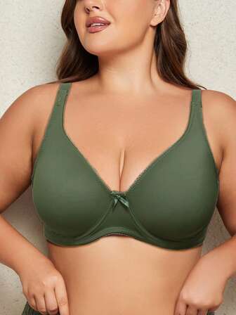 1 件女士加大码绿色光滑双层丝绸般薄款舒适宽肩带无钢圈文胸，简约休闲日常穿着