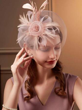 1 件女士茶会迷人帽子 50 年代头饰网眼花朵鸡尾酒婚礼教堂德比帽，发饰