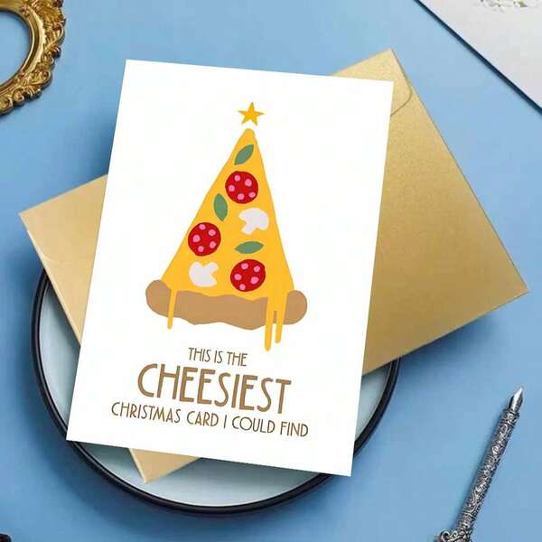 1 cartão de Natal hilário de pizza em formato de árvore, saudação "MAIS QUEIJOSA", material de papel, adequado para amigos e familiares amantes da gastronomia, humor natalino único, inclui envelope