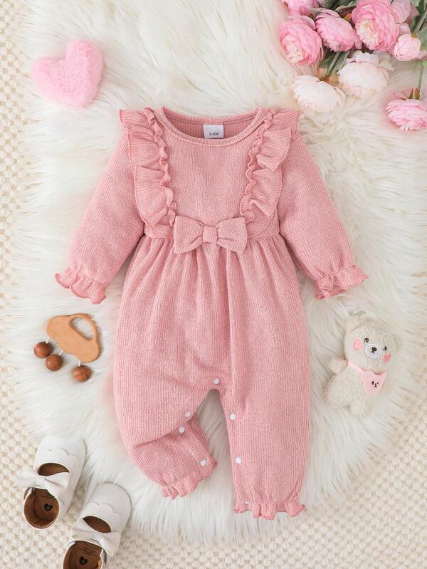 Cute Simple Solid Color Bow Decor Ruffle Hem Jumpsuit, Suitable For Baby Girls Casual Daily And Outdoor Wear, Spring/Autumn