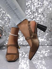 2025 春夏新款复古方头法式高跟凉鞋，时尚包头高跟鞋，性感优雅玛丽珍鞋，粗跟露背漆皮休闲/正式高跟鞋 - 淺棕 - 查看 6