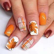 24 Pcs Fall Thanksgiving Orange Press On Nails Short Square - ZWENJIE Cute Glitter Fake Nails Press Ons Nail Art Tips With Autumn Leaves Lattice Design Full Cover Acrylic False Nails Glue On Nails Kit - 款式 J03 - 查看 1