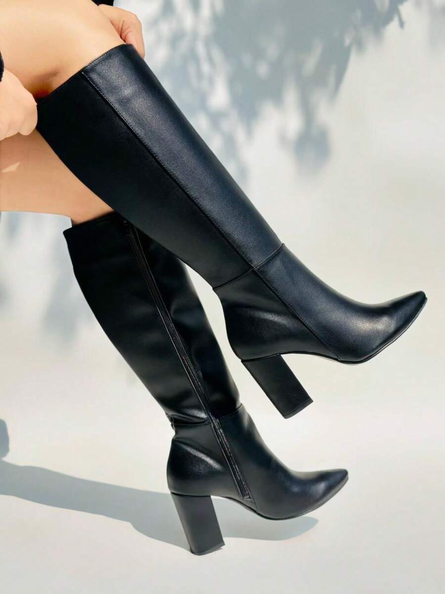 Botas altas para mujer de piel sintética, punta fina, sin cordones, tacón grueso alto, estilo minimalista urbano para oficina y salidas - Negro - Ver 1