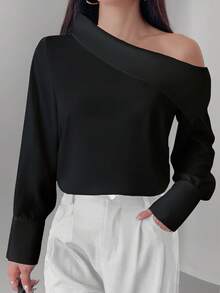 女士优雅通勤纯色不对称领衬衫 - 黑色 - 查看 1