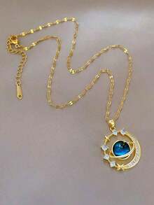 1pc Stainless Steel Ladies Necklace With Moon Shape Pendant Decorated With Starry Sky Stone And Rhinestone {Necklace Box Not Included} - 金子 - 查看 3