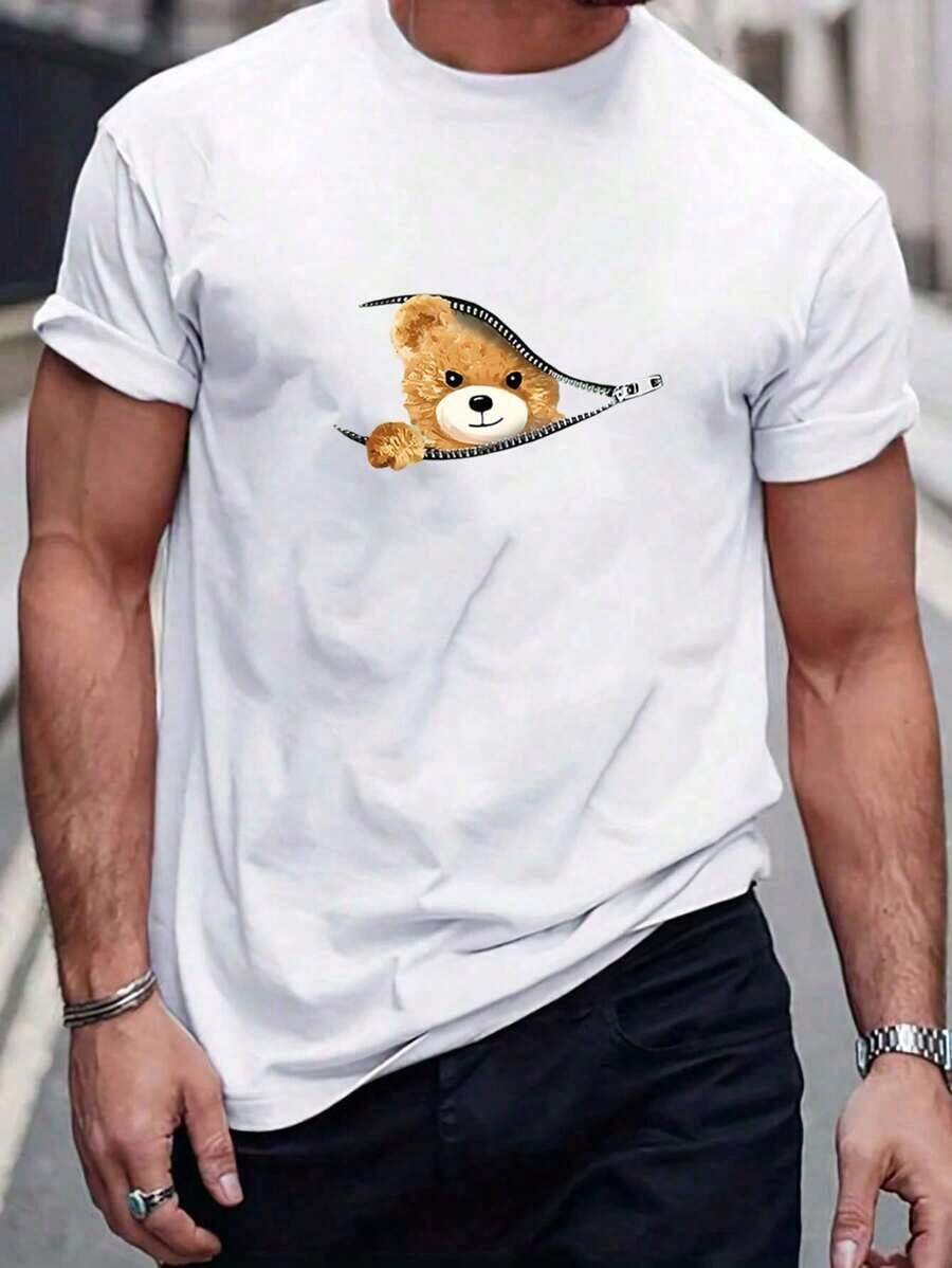 Men's Bear Print T-Shirt - White - View 1
