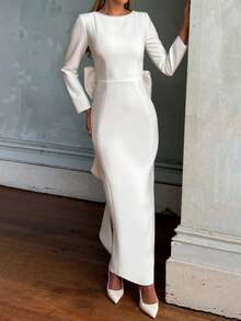 Vestido maxi elegante de unicolor con manga larga, lazo y decoración de perlas en la espalda descubierta para mujer