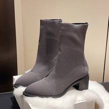 2025 Botas Elásticas Pretas Slim para Mulheres, Botas de Tornozelo de Salto Alto Grosso de Cor Sólida Cinza com Bico Fino, Estilo Ocidental de Botas Curtas, Outono/Inverno