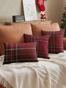 1/2/4pcs Pillow Case Set, Soft Decorative Cushion Cover, Linen Pillowcase, Bedding, Red & Green Plaid Pattern Pillow Covers, Zipper Closure, Suitable For Sofa, Bench, Bedroom, Living Room Decor - Multicolor - View 5