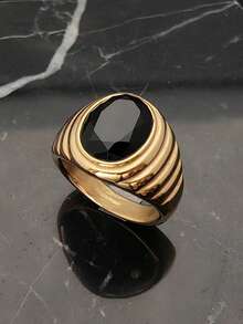 1pc 316 Stainless Steel Gold‑Plated Textured Wide Band Men Statement Ring, Oval Cut Synthetic Black Crystal Polished Finger Jewelry - Black - View 1