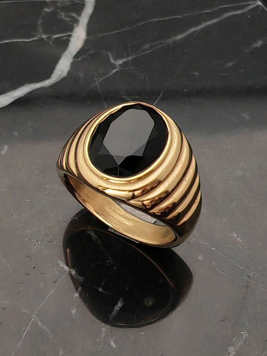1pc 316 Stainless Steel Gold‑Plated Textured Wide Band Men Statement Ring, Oval Cut Synthetic Black Crystal Polished Finger Jewelry - Black - View 1