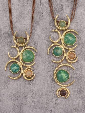 1 st lyxigt gyllene metallhängehalsband med färgglatt harts, överdriven design, vaxrep, trendig lång kedja, present till syster eller flickvän