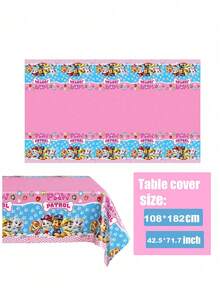 1 Pc New Blue Pink Woof Team Disposable Tablecloth Decoration Children's Cartoon Theme Party Blue Pink Splicing Color Dog Patrol Team Birthday Party Flag Pulling Balloon Insertion Party Decoration Supplies - Multicolor - View 1