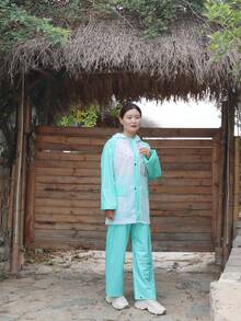 1 Conjunto de Traje de Lluvia de Manga Larga Holgado con Capucha para Mujer, con Chaqueta y Pantalones, Impermeable de PVC, Transpirable y con Tiras Reflectantes, Adecuado para Ciclismo, Entrega, Motocicleta, Scooter, Viajes al Aire Libre, Senderismo, Escuela, Oficina y Uso Doméstico