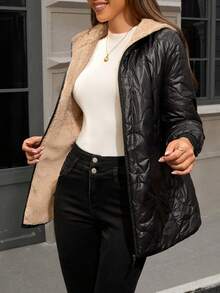 Jaqueta Acolchoada com Capuz Leve e Quente para Mulheres, Tecido Tecido de Cor Sólida, Canelado, Adequado para Outono, Inverno, Primavera - Preto - Visão 4