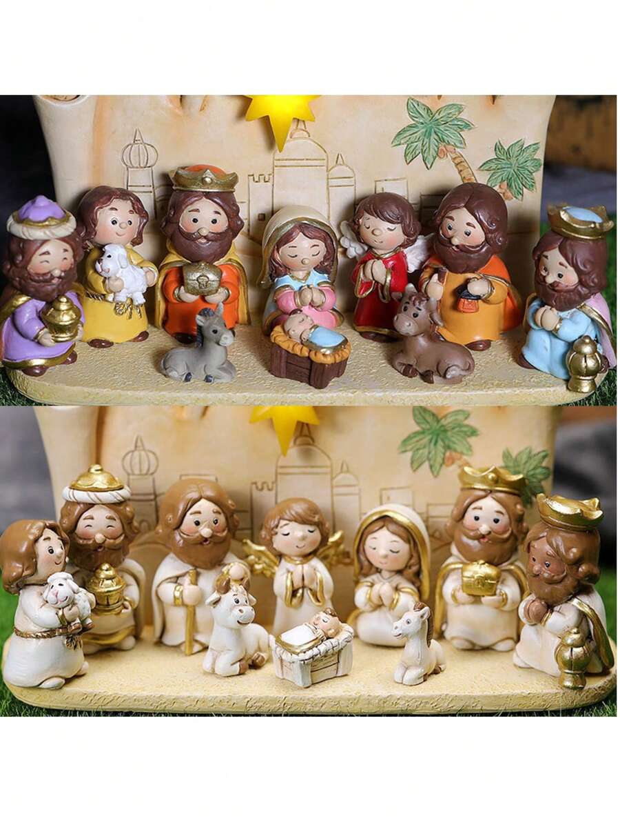 Vintage Harz Krippen Figuren Set - Religiöses Thema Gebetsraum Dekoration - Weihnachtskrippe Szene - Handgefertigte Tischdekorationen für Weihnachten, Halloween, Ostern, Erntedankfest - Verschiedenfarbig - Übersicht 1