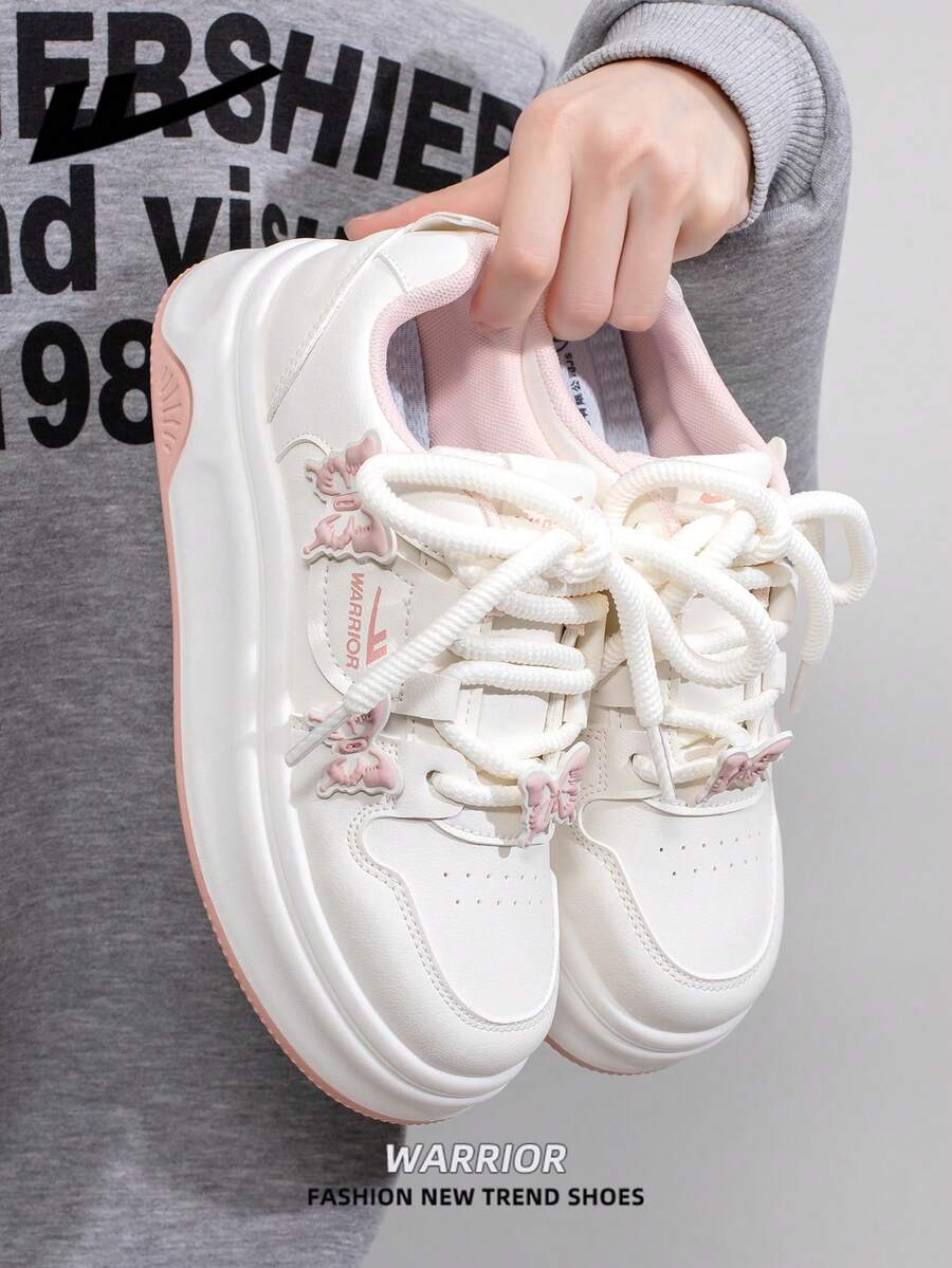 1 Pair WARRIOR Women's Thick Sole Lace-Up Soft Bottom Casual Shoes, Low-Top Outdoor Flat Shoes, Round Toe Low Heel Solid Color Elegant Soft Bottom Hiking Shoes, Suitable For Students, Graduation Photos, Flat Shoes, Low-Top Leather Sports Skateboard Shoes