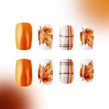 24 Pcs Fall Thanksgiving Orange Press On Nails Short Square - ZWENJIE Cute Glitter Fake Nails Press Ons Nail Art Tips With Autumn Leaves Lattice Design Full Cover Acrylic False Nails Glue On Nails Kit - 款式 J03 - 查看 4