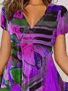 Rochie midi din jerseu simplu, evazată, cu mânecă scurtă, decolteu în V, model mixt colorat, 15605