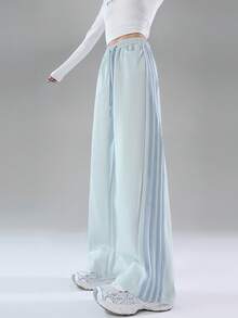 4-Stripe Mist Blue Patchwork Elastic Waist Casual Slim Fit Sports Pants For Women, Spring/Autumn/Winter - 1A67 Haze Blue Spelling Blue - View 6