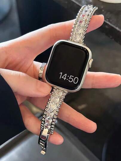 1pc Apple Watch Band Apple Watch Strap Women, Silver Zirconia Bracelet Strap, Compatible With Apple Watch Strap Ultra/10/8/9/7/6/5/4/3/2/1 Series, Compatible With Apple Watch Strap 38/40/41/42/44/45/49/46mm, Ladies Fashion Luxuriant Bracelet Accessories, Smart Watch Wristband