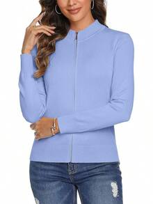 Women's Long Sleeve Knitted Zip-Up Lightweight Sweater Cardigan, Sweatshirt 85EQ - Màu xanh lam - Xem 2