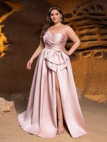 Faeriesty Curve Plus 优雅单肩晚礼服，缎面 A 字裙摆，后背交叉绑带和腰间蝴蝶结——完美适用于婚礼、晚宴、新娘招待会和奢华聚会。粉色系，春日气息。 - 粉色 - 查看 6