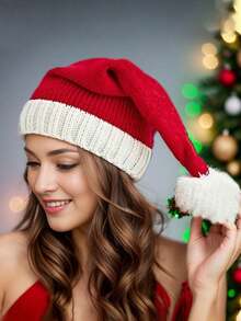 1/2 Winter Lady's Red Knitted Wool Santa Hat - 1 Piece, Adjustable Size. Suitable For Wearing In Winter To Keep Warm And Create A Christmas Atmosphere. For Christmas, A Christmas Gift, Christmas.